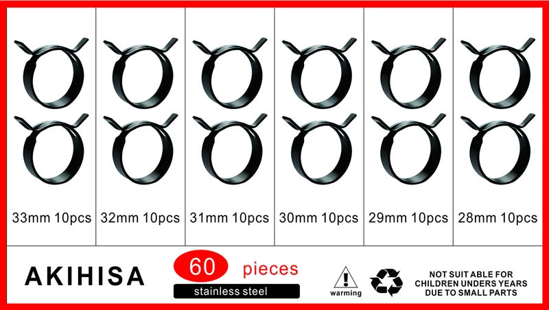 AKIHISA 60 Pcs 28-33mm Spring Hose Clamp, Spring steel 65Mn Fuel Hose Clamp, 6 sizes for Silicone Vacuum Fuel Oil Hose Line Clamps - Image 2